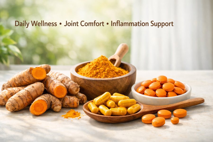 Photorealistic image of fresh turmeric roots, ground turmeric powder, and curcumin capsules and tablets arranged on a bright table with natural sunlight, representing daily wellness, joint comfort, and inflammation support.