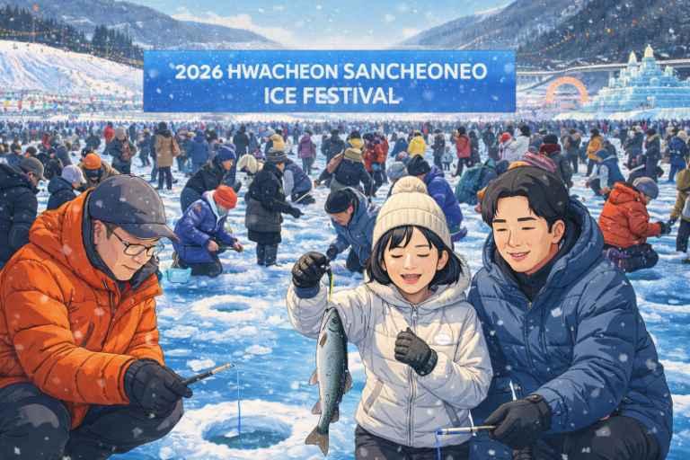 “Visitors enjoy ice fishing at the 2026 Hwacheon Sancheoneo Ice Festival in Gangwon Province, Korea, as a smiling child holds a freshly caught mountain trout on a frozen river surrounded by winter scenery, festival crowds, and snowy mountains.