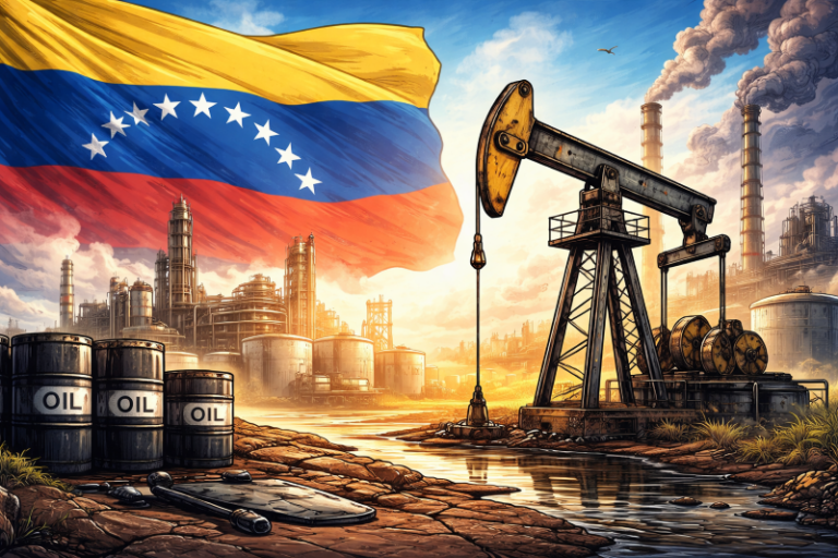 Illustration of Venezuela’s oil industry showing a pumpjack, oil barrels, and refinery facilities beneath the Venezuelan flag, symbolizing vast oil reserves and limited production capacity.