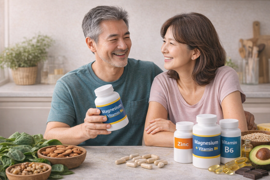 A Korean couple in their 50s looking at magnesium and vitamin B6 supplements together in their kitchen, showing a healthy shared lifestyle