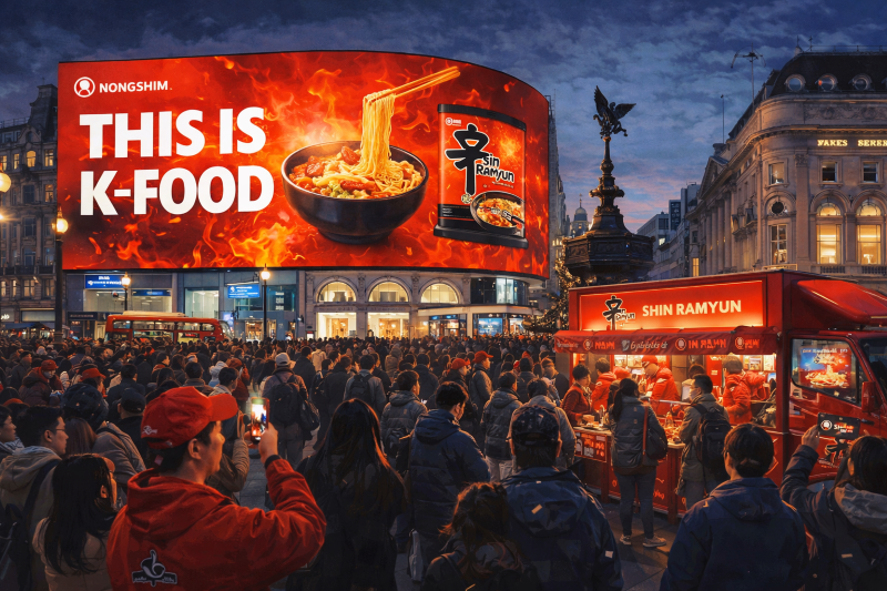 Anime-style Shin Ramyun billboard promoting Korean spicy noodles at Piccadilly Circus in London.