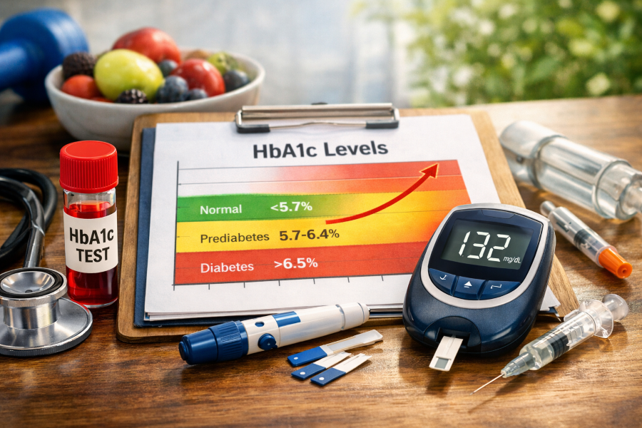 Flat-style animation illustration showing a man examining an HbA1c test scale with color-coded levels for normal, prediabetes, and diabetes, representing diabetes risk assessment.