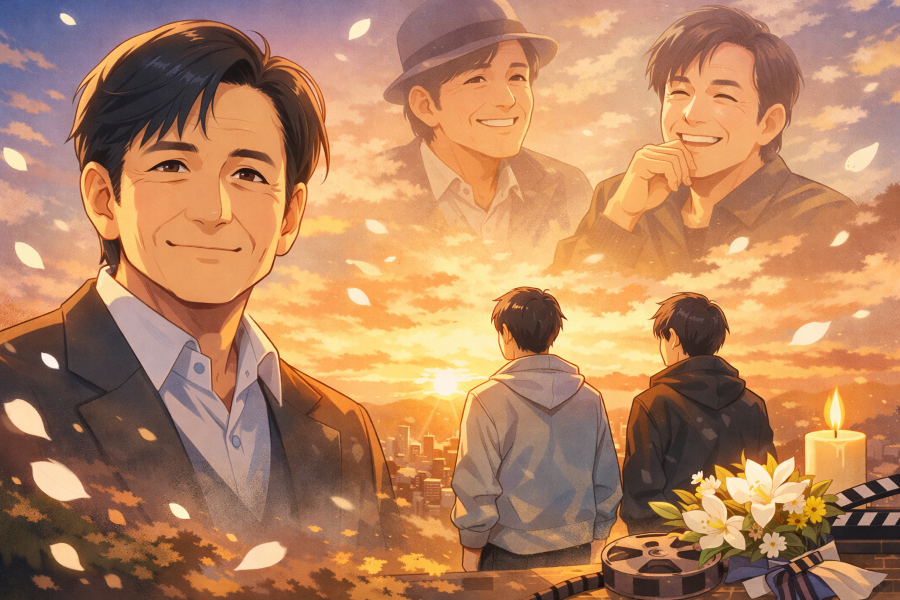 Anime-style tribute illustration honoring Ahn Sung-ki, depicting the late Korean actor smiling gently at sunset while two figures representing his sons stand facing the city skyline, symbolizing legacy, family, and quiet dignity.