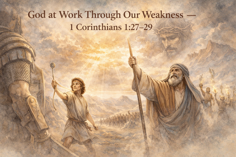 Watercolor illustration of God’s power revealed through human weakness, inspired by 1 Corinthians 1:27–29.