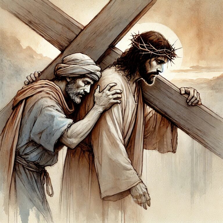 Watercolor illustration of Jesus carrying the cross with Simon of Cyrene helping Him, depicting the biblical moment of sharing the burden on the way to crucifixion (Matthew 27:31–32).