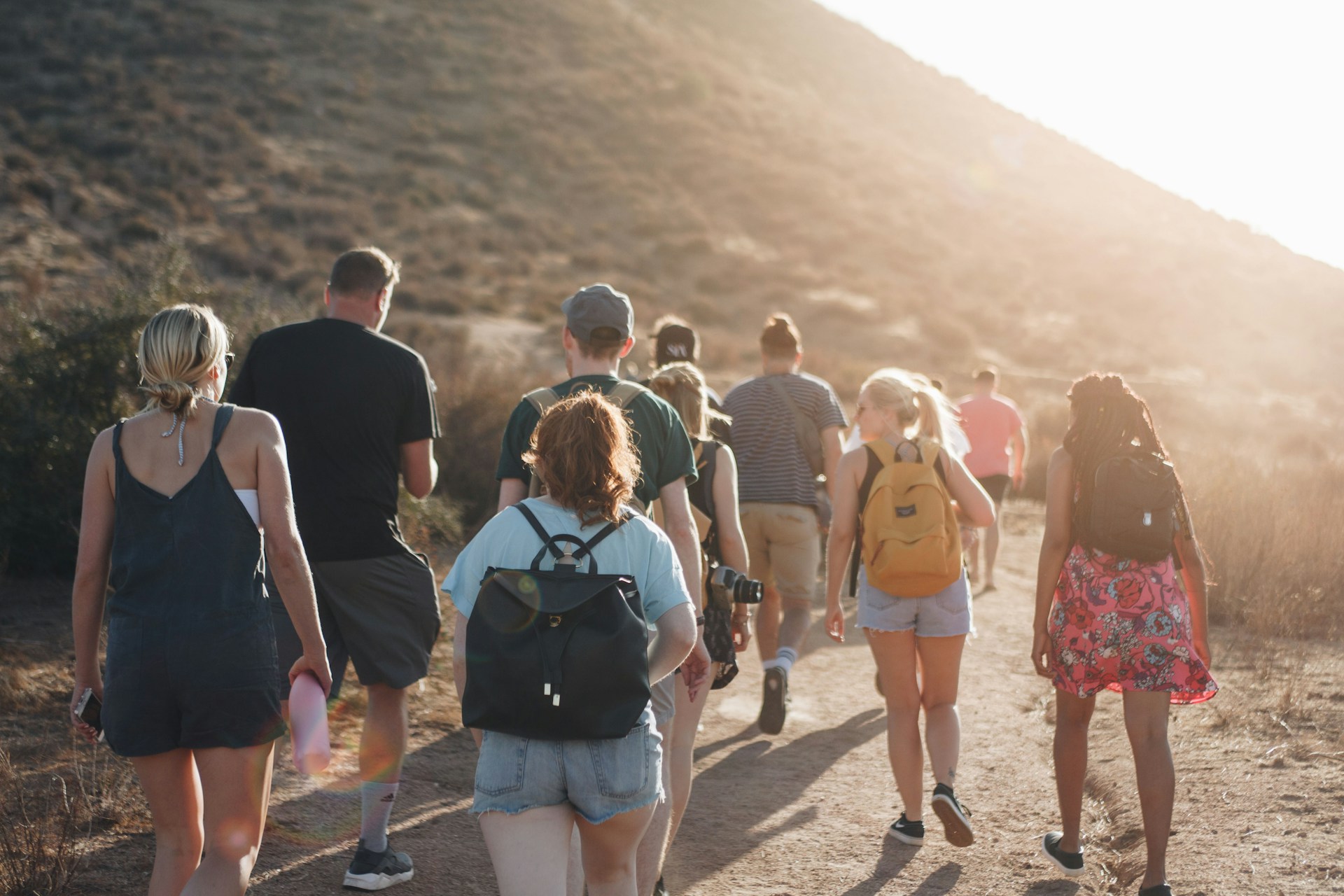 A group of people walking together on a sunlit outdoor trail, highlighting the benefits of daily walking and an active lifestyle.