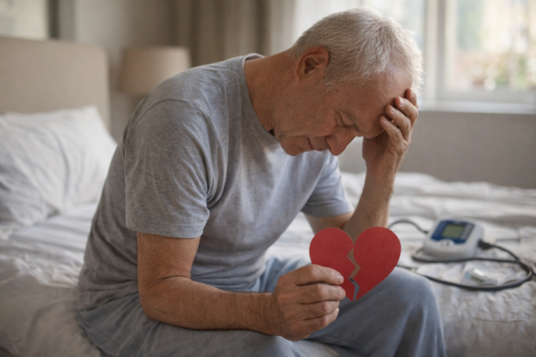 Thoughtful older man sitting on a bed holding a symbolic broken heart, representing emotional recovery after a heart attack