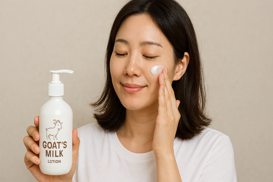 Natural Goat Milk Lotion usage scene, young East Asian woman applying moisturizing lotion to her skin, skincare benefits visual image