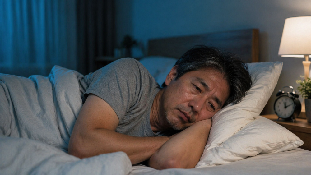 Middle-aged man lying awake in bed at night, representing sleep deprivation and its impact on heart health