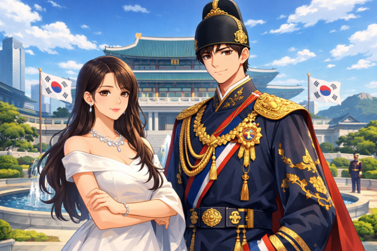 An anime-style illustration of a modern Korean royal couple standing in front of a palace, depicting a fictional monarchy in contemporary South Korea