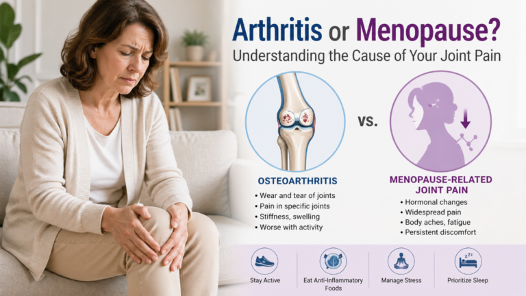 Middle-aged woman with knee pain and infographic comparing osteoarthritis and menopause-related joint pain