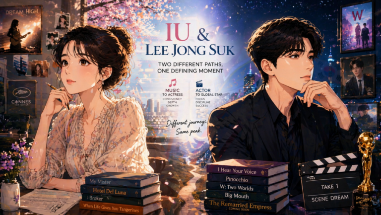 A cinematic portrait of IU and Lee Jong-suk representing two different acting styles and career paths in the Korean entertainment industry