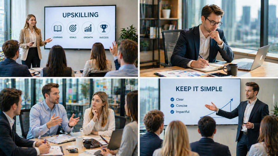 Corporate office environment featuring upskilling training, strategic work, team collaboration, and simple business presentation to improve productivity and leadership