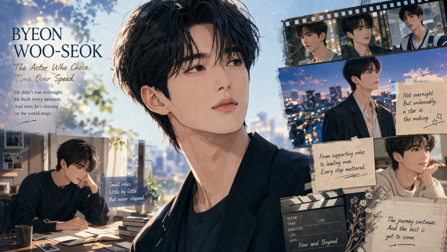 Anime-style illustration inspired by Byeon Woo-seok, showing his journey from model to actor through cinematic scenes and emotional storytelling