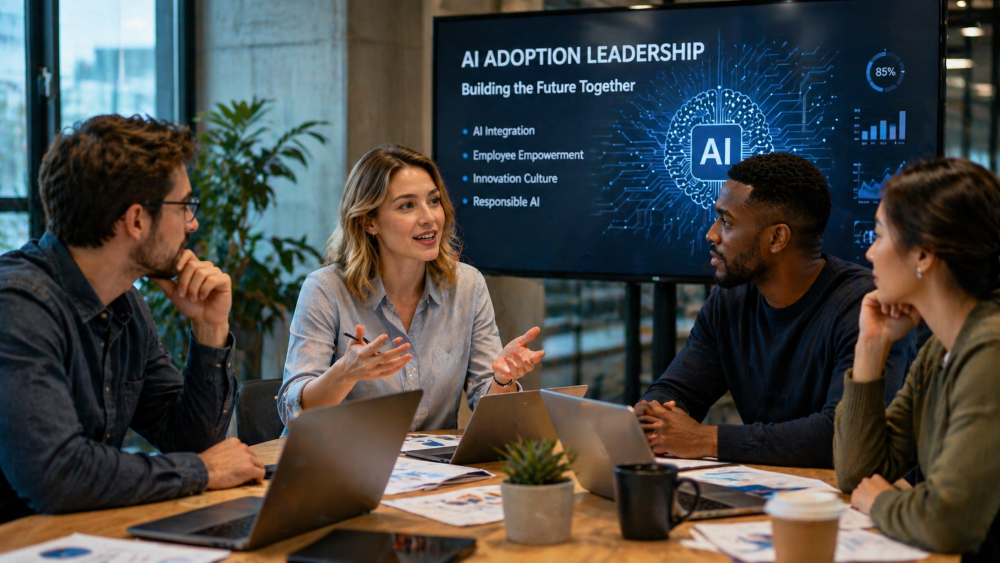 A diverse team of American professionals discussing AI adoption with an empathetic leader in a modern office, representing collaboration, leadership, and workplace innovation