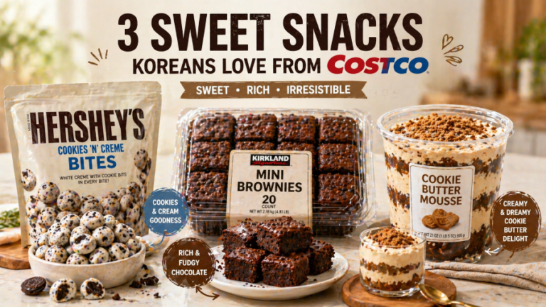 Photo-style image of popular Costco sweet snacks including cookies and cream bites, mini brownies, and cookie butter mousse on a clean table setting