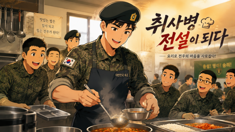 16:9 anime-style poster inspired by The Legendary Cook Soldier with Korean soldiers, military cooking, friendship, and emotional atmosphere