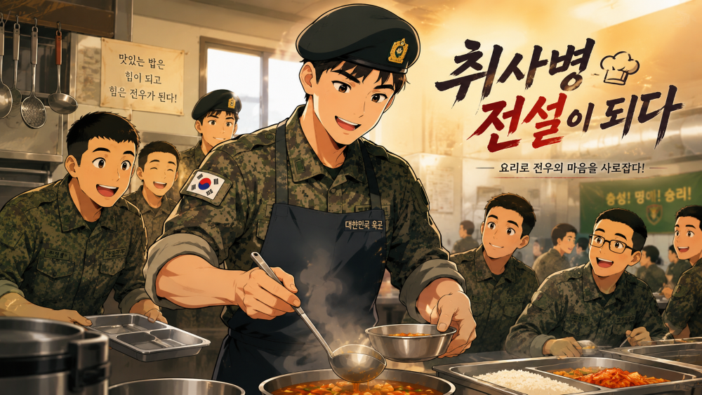16:9 anime-style poster inspired by The Legendary Cook Soldier with Korean soldiers, military cooking, friendship, and emotional atmosphere