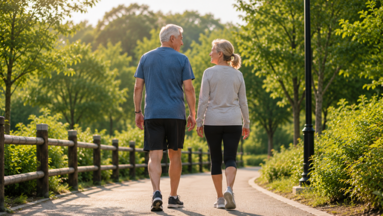 A middle-aged American couple walking together on a sunny park pathway, representing balance, fall prevention, active aging, and healthy daily movement.