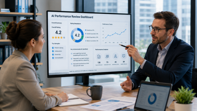 Two American business professionals discussing an AI-powered performance review dashboard in a modern office meeting room, highlighting employee evaluation metrics, workplace analytics, and AI-driven HR systems