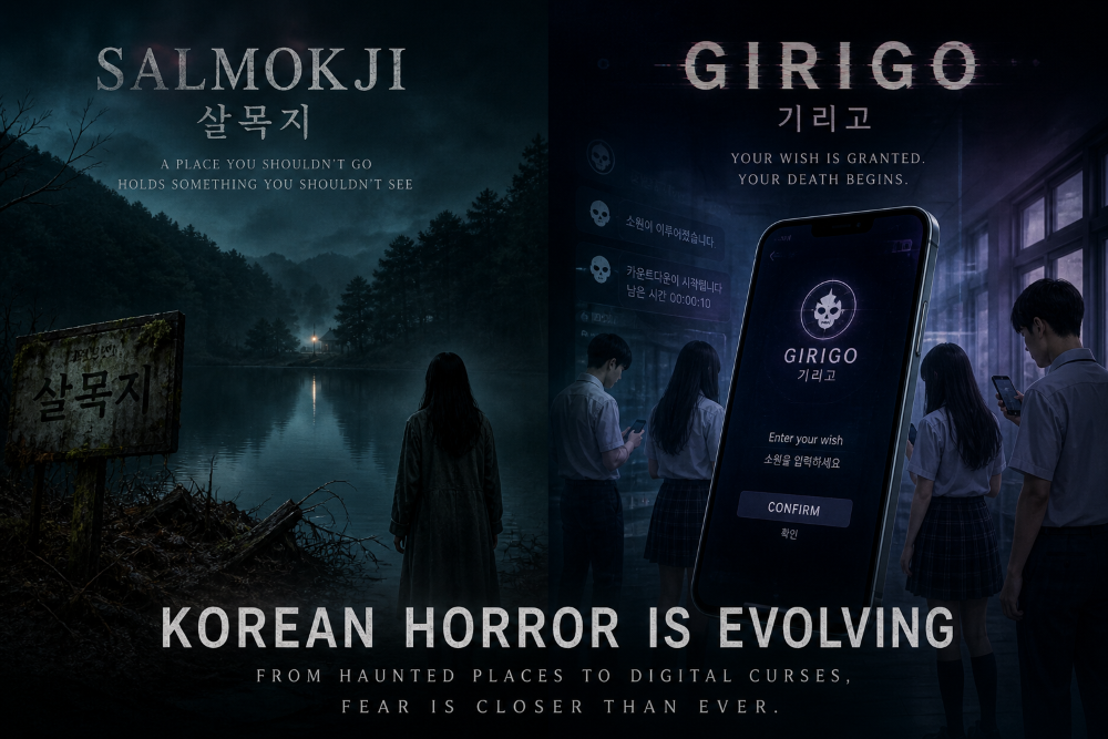 Split cinematic poster showing Korean horror themes from Salmokji’s haunted lake and Girigo’s deadly smartphone app