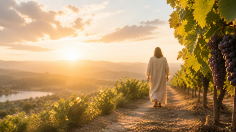 A robed figure walking along a vineyard path at golden hour, symbolizing being chosen by God in John 15:16