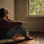 A person sits quietly on a wooden floor in a warm, sunlit room, leaning against the wall with eyes closed. An open Bible rests beside them, conveying peace, rest, and freedom in Christ.
