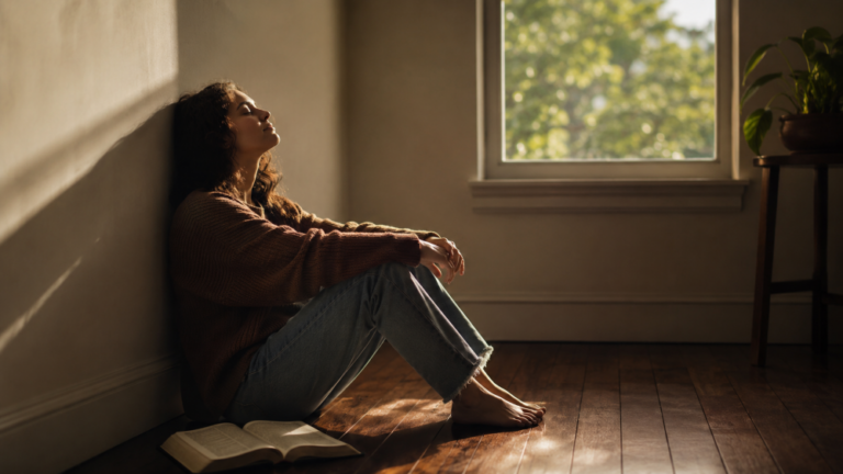A person sits quietly on a wooden floor in a warm, sunlit room, leaning against the wall with eyes closed. An open Bible rests beside them, conveying peace, rest, and freedom in Christ.