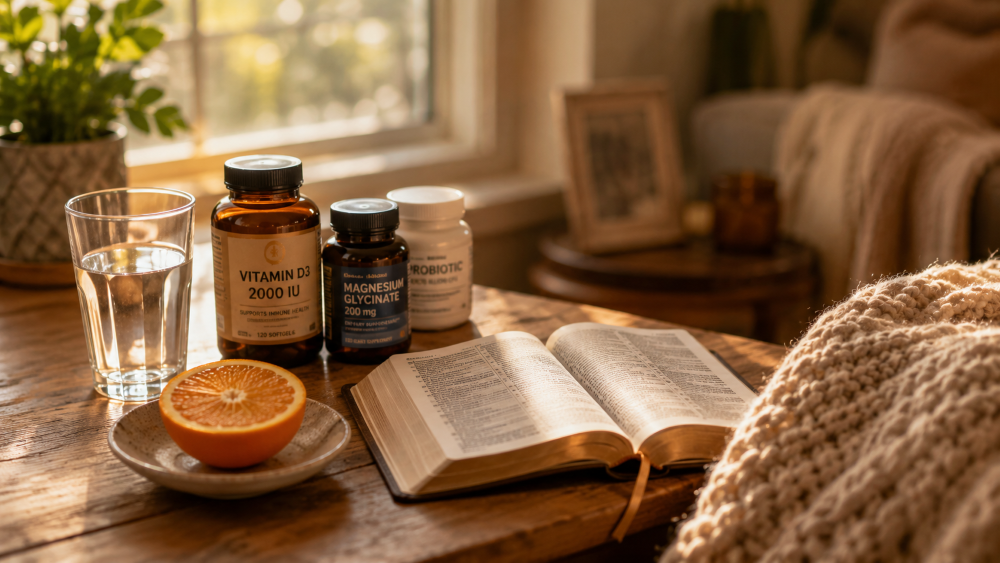 A cozy morning scene by a sunlit window, featuring a wooden table with a glass of water, several supplement bottles, a halved orange, and an open Bible, with a knitted blanket nearby suggesting rest and recovery at home.