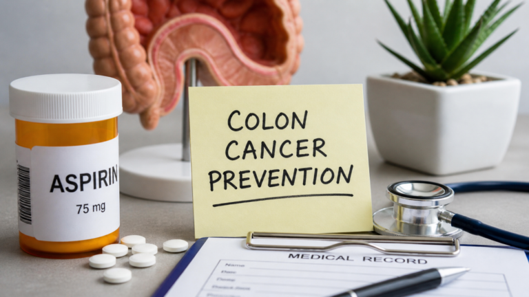 Aspirin bottle with colon model and note about colon cancer prevention, representing medical health awareness