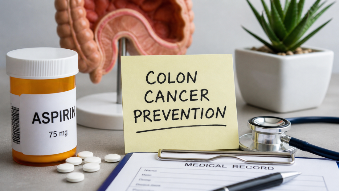 Aspirin bottle with colon model and note about colon cancer prevention, representing medical health awareness