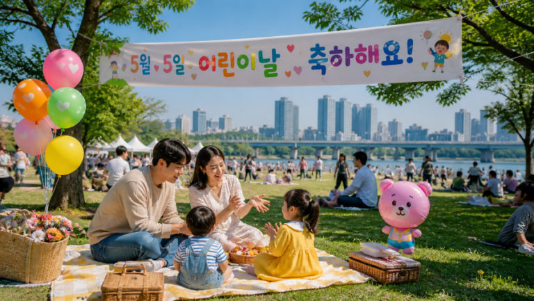 Families celebrating Children’s Day in Korea with kids playing on a picnic blanket in a sunny park, colorful balloons and city skyline in the background