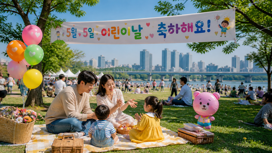Families celebrating Children’s Day in Korea with kids playing on a picnic blanket in a sunny park, colorful balloons and city skyline in the background
