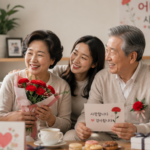 Korean family celebrating Parents’ Day together in a cozy living room, giving carnations and heartfelt cards to elderly parents