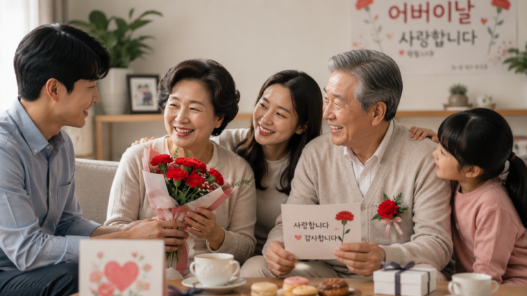 Korean family celebrating Parents’ Day together in a cozy living room, giving carnations and heartfelt cards to elderly parents