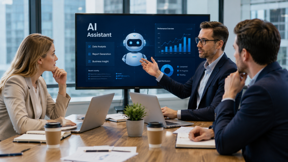 Modern American office team reviewing AI-generated analysis and discussing workplace accountability, leadership, and human responsibility in the AI era