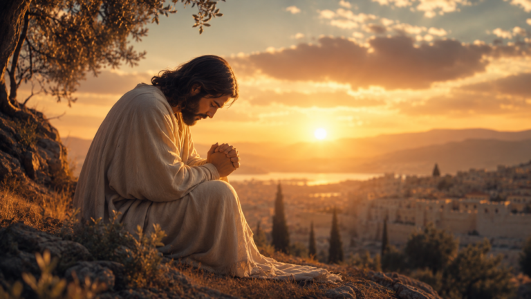 A cinematic scene of Jesus kneeling in prayer on a hillside at sunset overlooking Jerusalem, representing the Final Prayer of Jesus in John 17