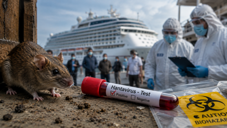 Hantavirus outbreak illustration featuring infected rodents, medical testing, and cruise ship passengers during a public health investigation