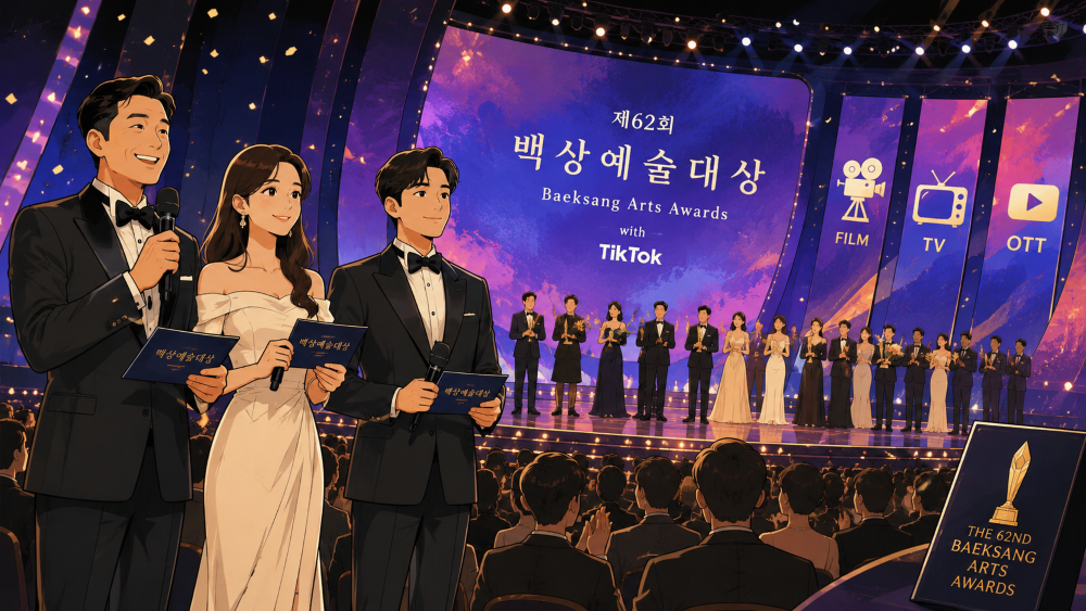 Animated-style illustration of the 62nd Baeksang Arts Awards featuring Korean actors and hosts on a glamorous stage with bright lights and audience applause