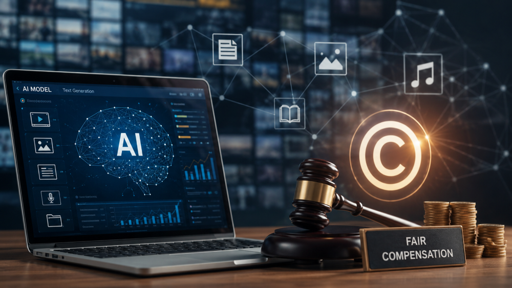 A symbolic digital scene showing AI technology learning from human-created content, highlighting the need for fair copyright compensation and creator rights in the generative AI era.