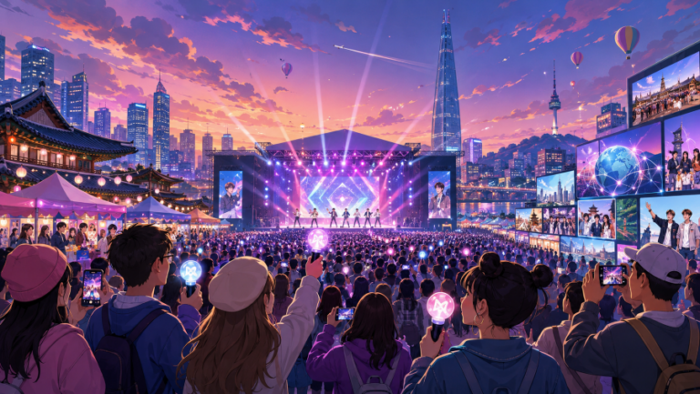 A futuristic K-pop festival scene with a city skyline, concert lights, digital screens, and global fans celebrating Korean pop culture.