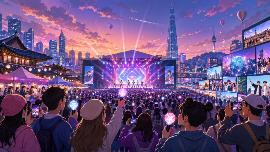 A futuristic K-pop festival scene with a city skyline, concert lights, digital screens, and global fans celebrating Korean pop culture.