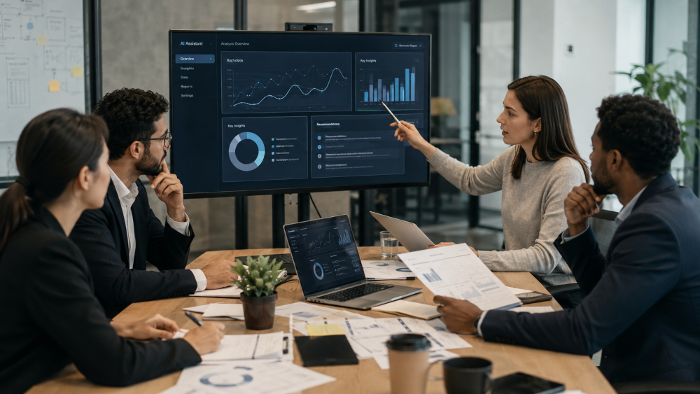 A business team reviews an AI analytics dashboard in a meeting room, highlighting how human judgment guides AI in the workplace.
