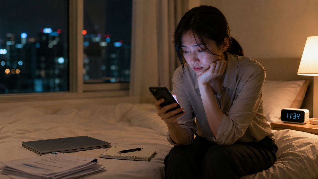 A person sits on a bed late at night looking at a smartphone, with work papers and a laptop nearby, illustrating revenge bedtime procrastination and blurred work-life boundaries.