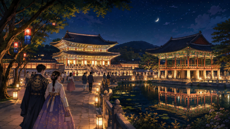 A webtoon-style night scene of Gyeongbokgung Palace illuminated under a starry sky, with visitors in hanbok walking near the palace halls and a pavilion reflected in the water.