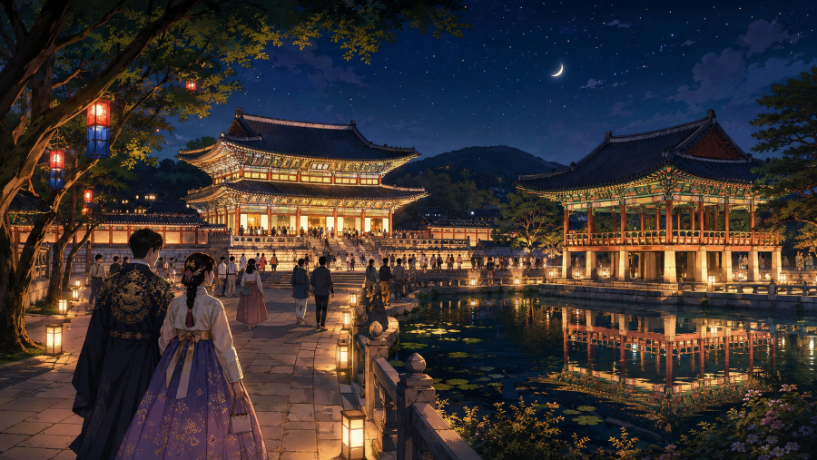 A webtoon-style night scene of Gyeongbokgung Palace illuminated under a starry sky, with visitors in hanbok walking near the palace halls and a pavilion reflected in the water.
