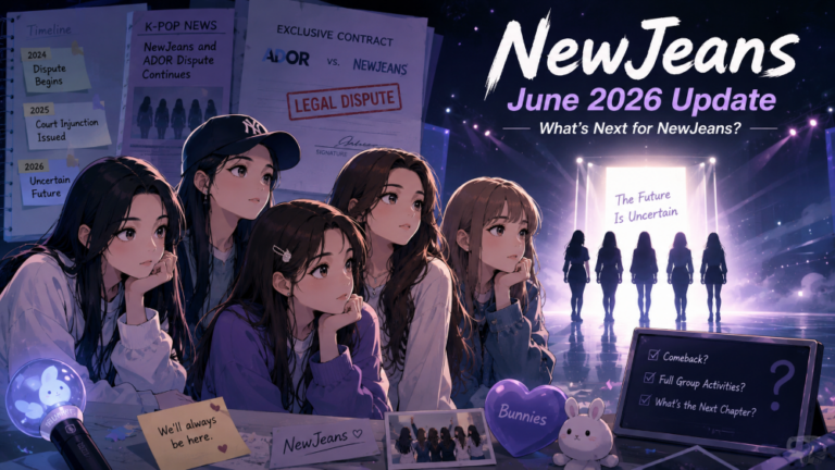 NewJeans June 2026 update showing a symbolic K-pop stage with five spotlights representing the group’s uncertain future
