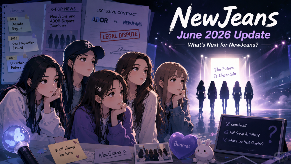 NewJeans June 2026 update showing a symbolic K-pop stage with five spotlights representing the group’s uncertain future