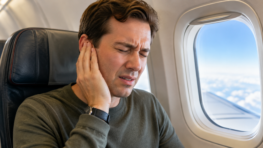 A passenger holding their ear during a flight, experiencing airplane ear pressure and discomfort during airplane descent.