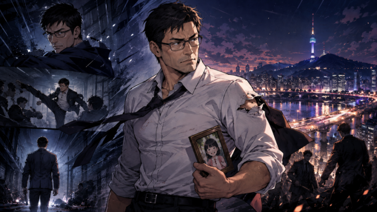 A serious Korean action-drama inspired scene showing a middle-aged father figure in an office-like setting, symbolizing the webtoon-based drama Manager Kim and its themes of family, danger, and hidden identity.